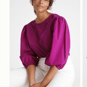 Anthropologie Magenta Puff-Sleeve Lace Yoke Blouse